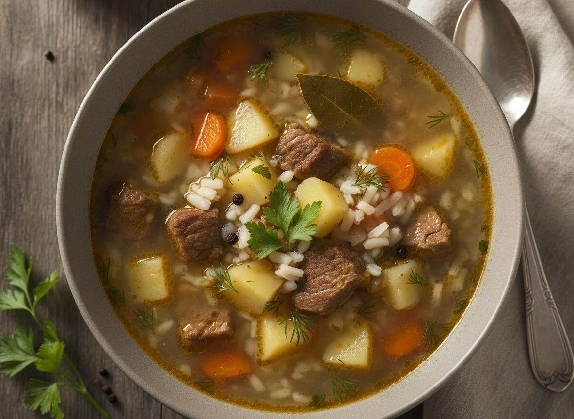 Суп с мясом, рисом и картофелем photo