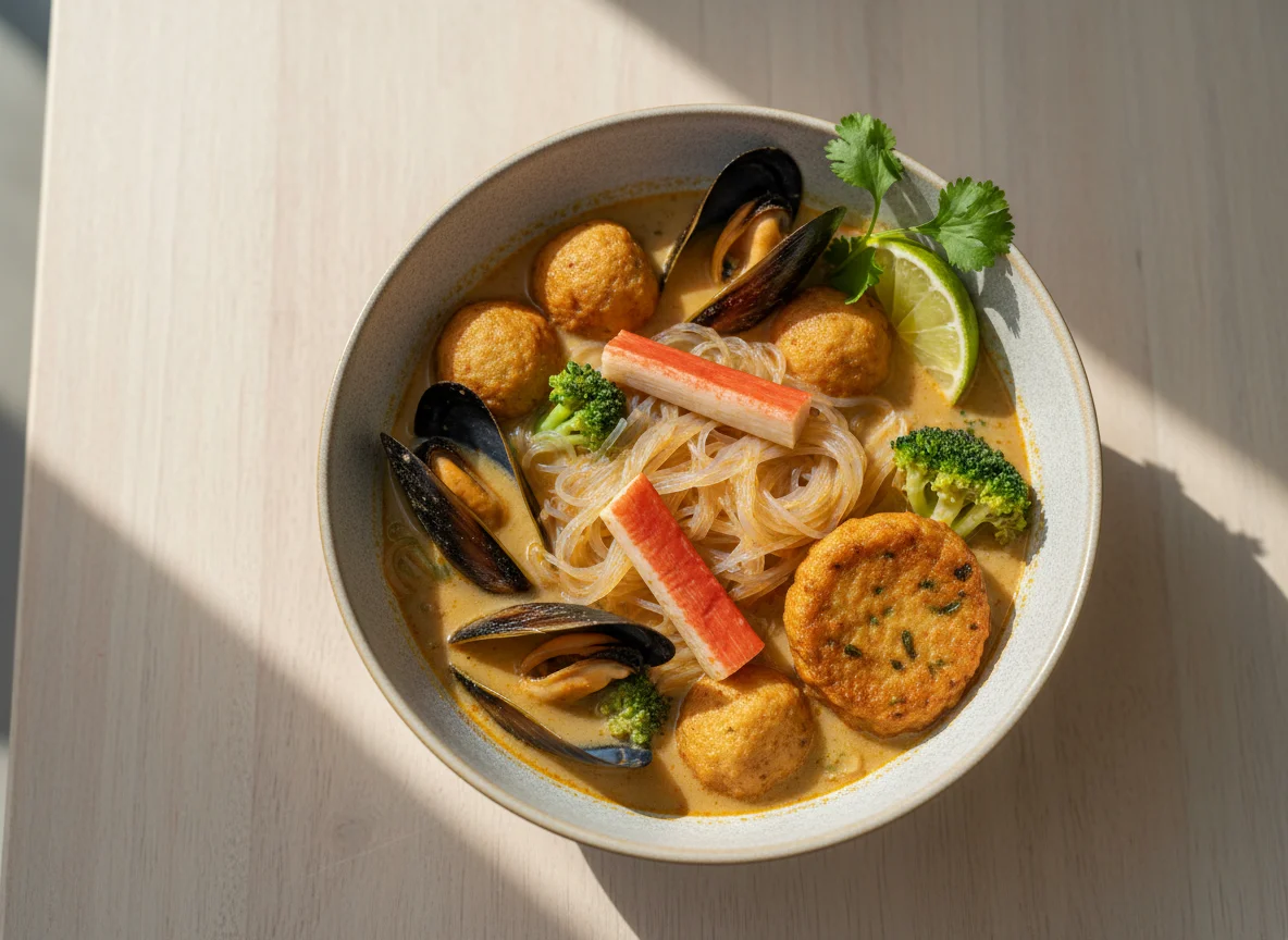 Суп с морепродуктами и лапшой photo