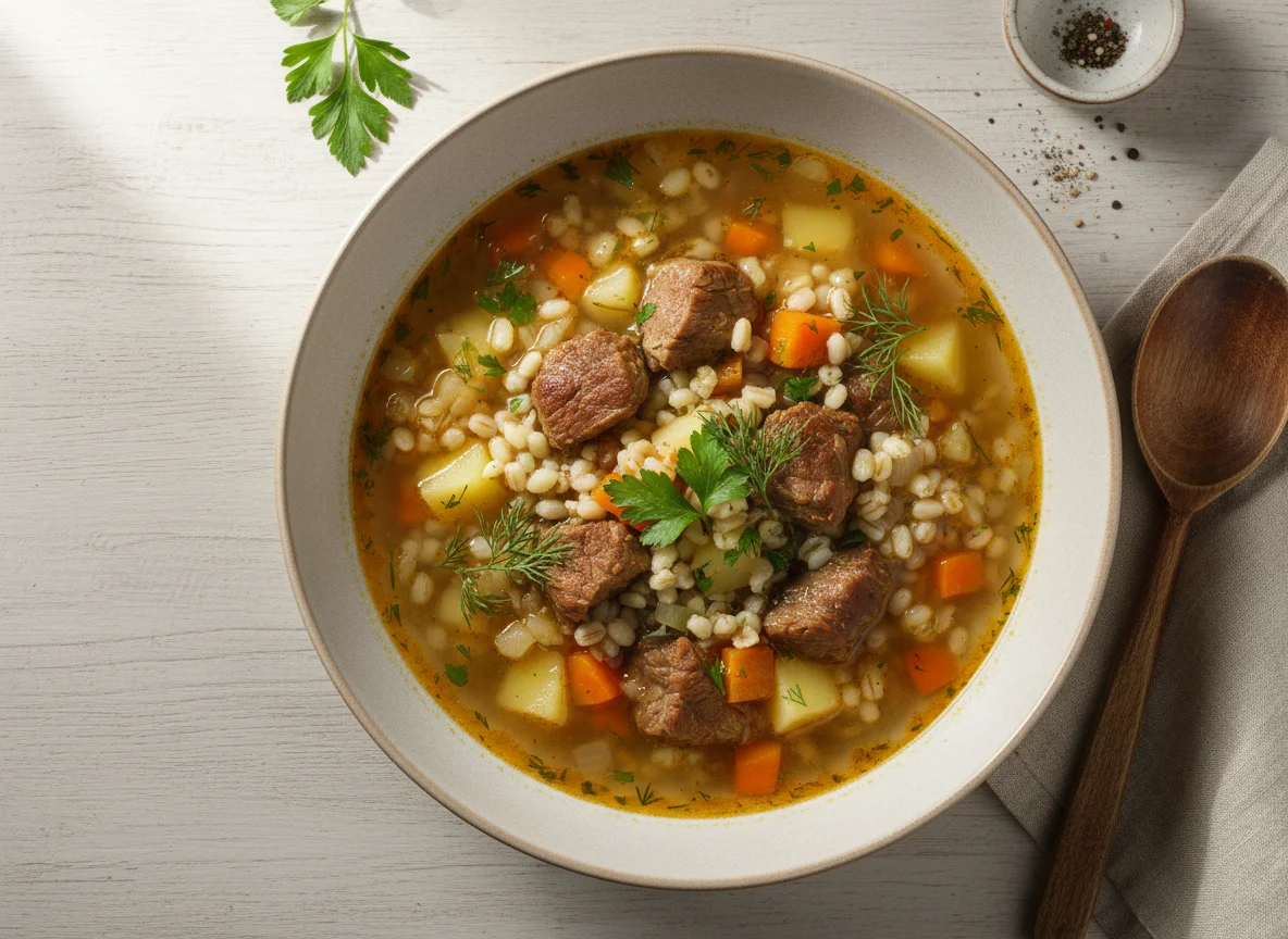 Суп с перловкой и мясом photo