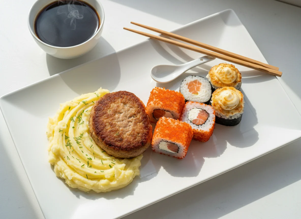Суши и картофельное пюре с котлетой photo