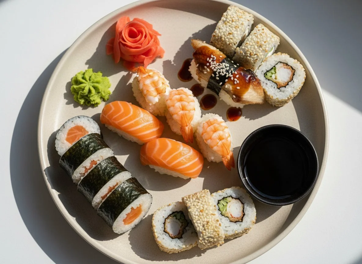 Суши и роллы с лососем, креветками и угрем photo