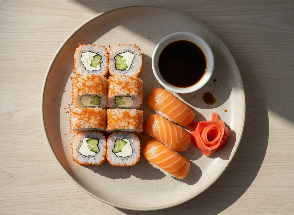 Суши и роллы с соевым соусом photo