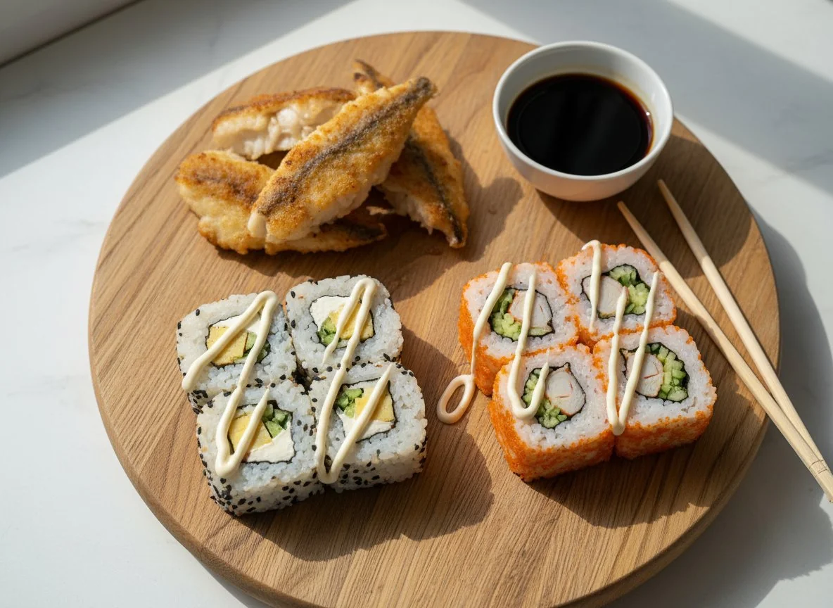 Суши и жареная рыба photo