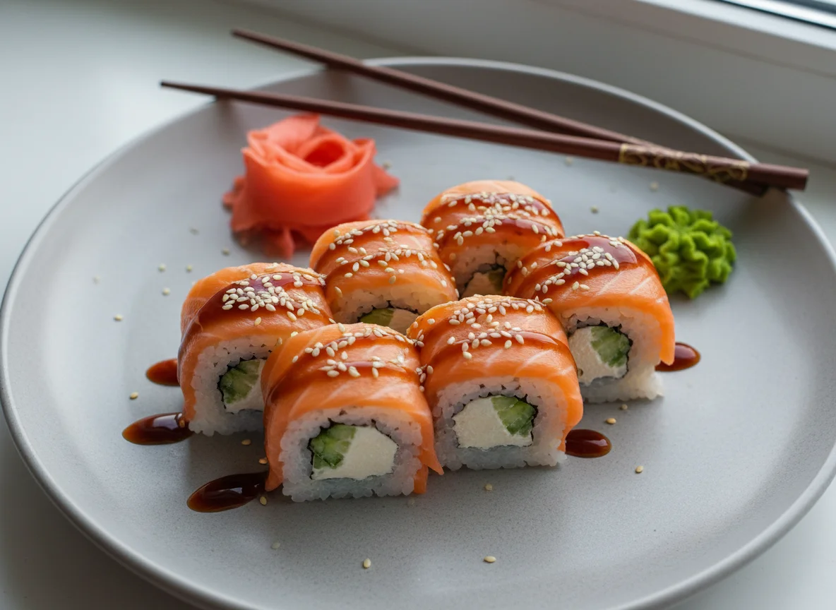 Суши ролл с лососем и соусом унаги photo