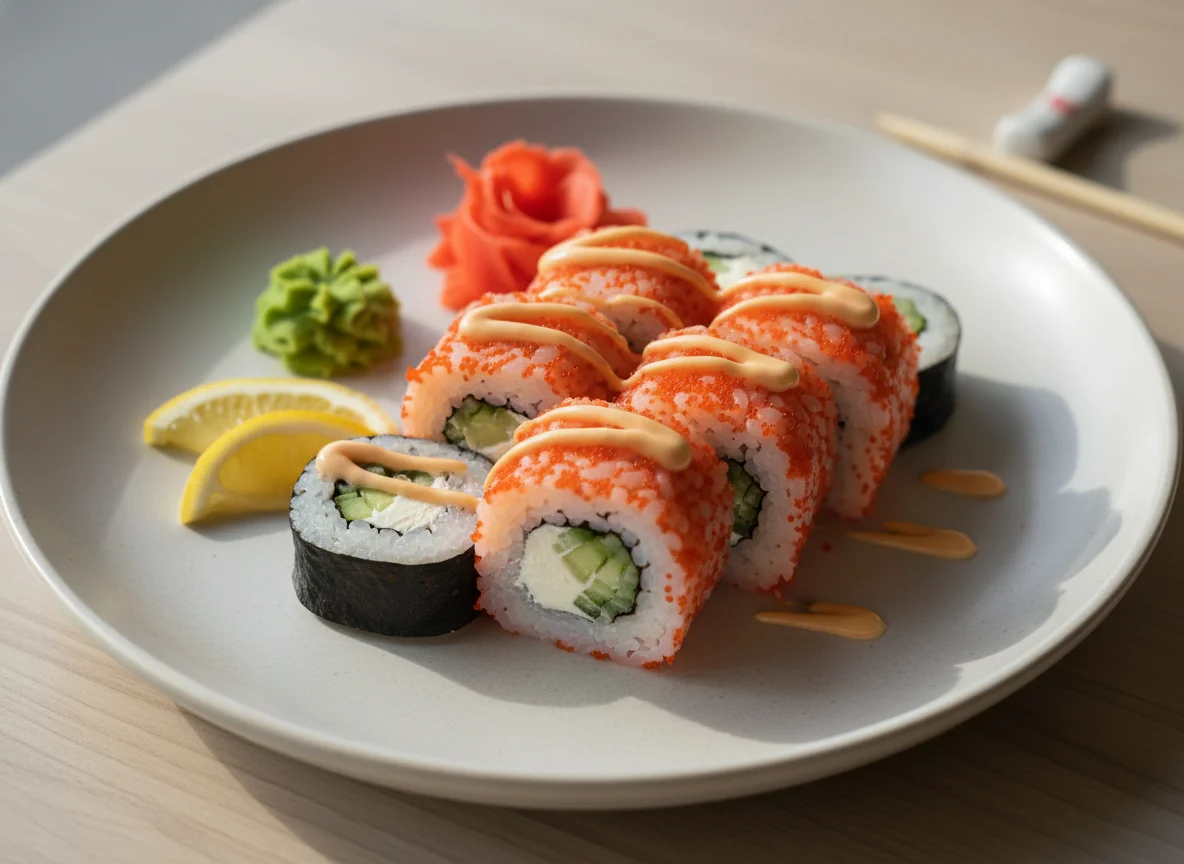 Суши роллы с икрой и соусом photo