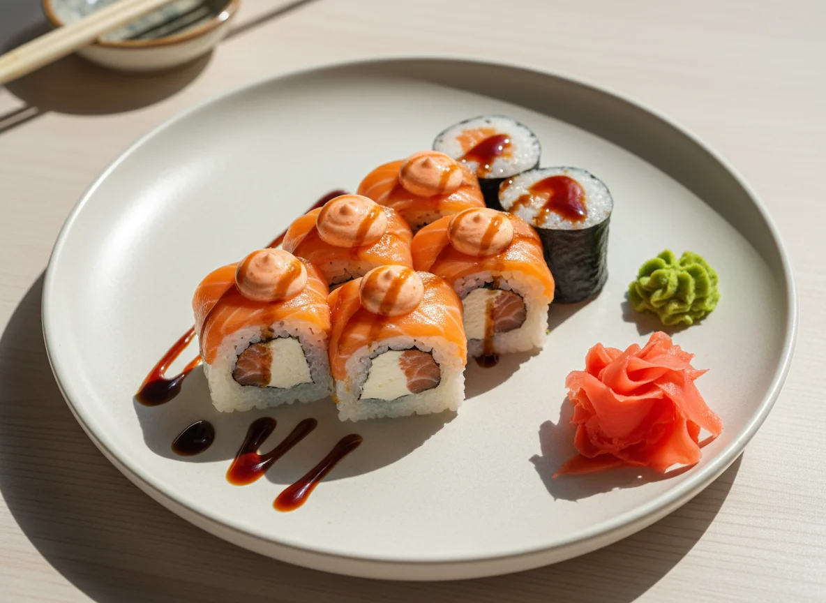 Суши роллы с лососем и соусом photo