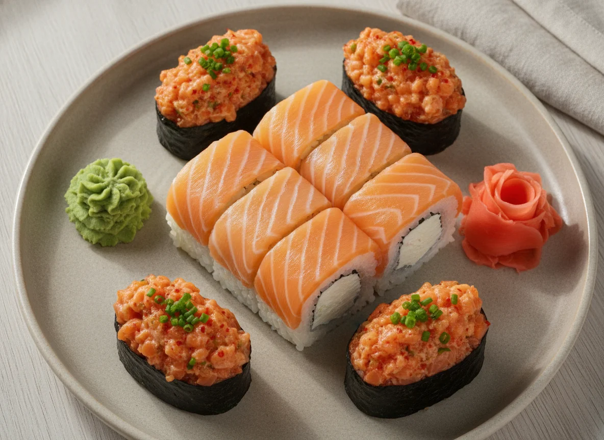 Суши-сет с роллами Филадельфия и острыми гунканами photo