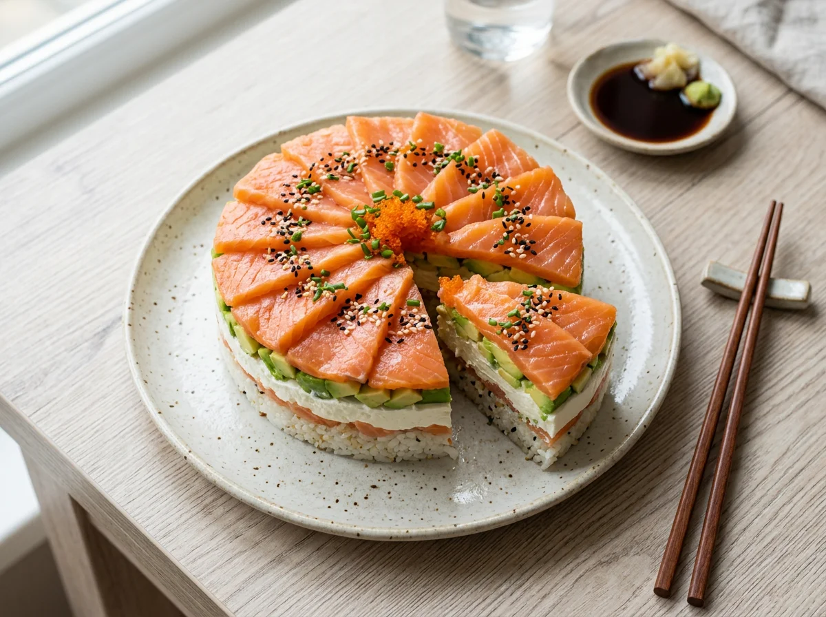 Суши-торт с лососем и авокадо photo