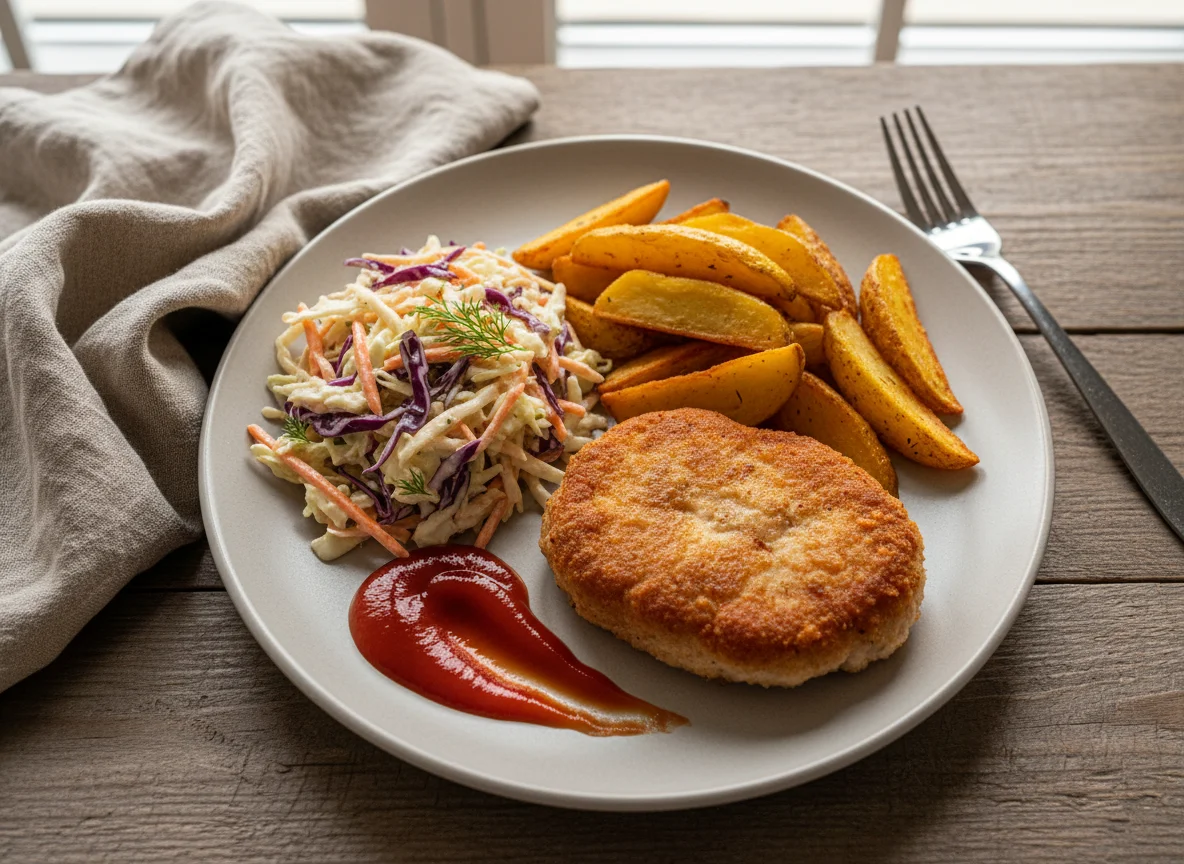 Свиная отбивная с кетчупом и гарниром photo