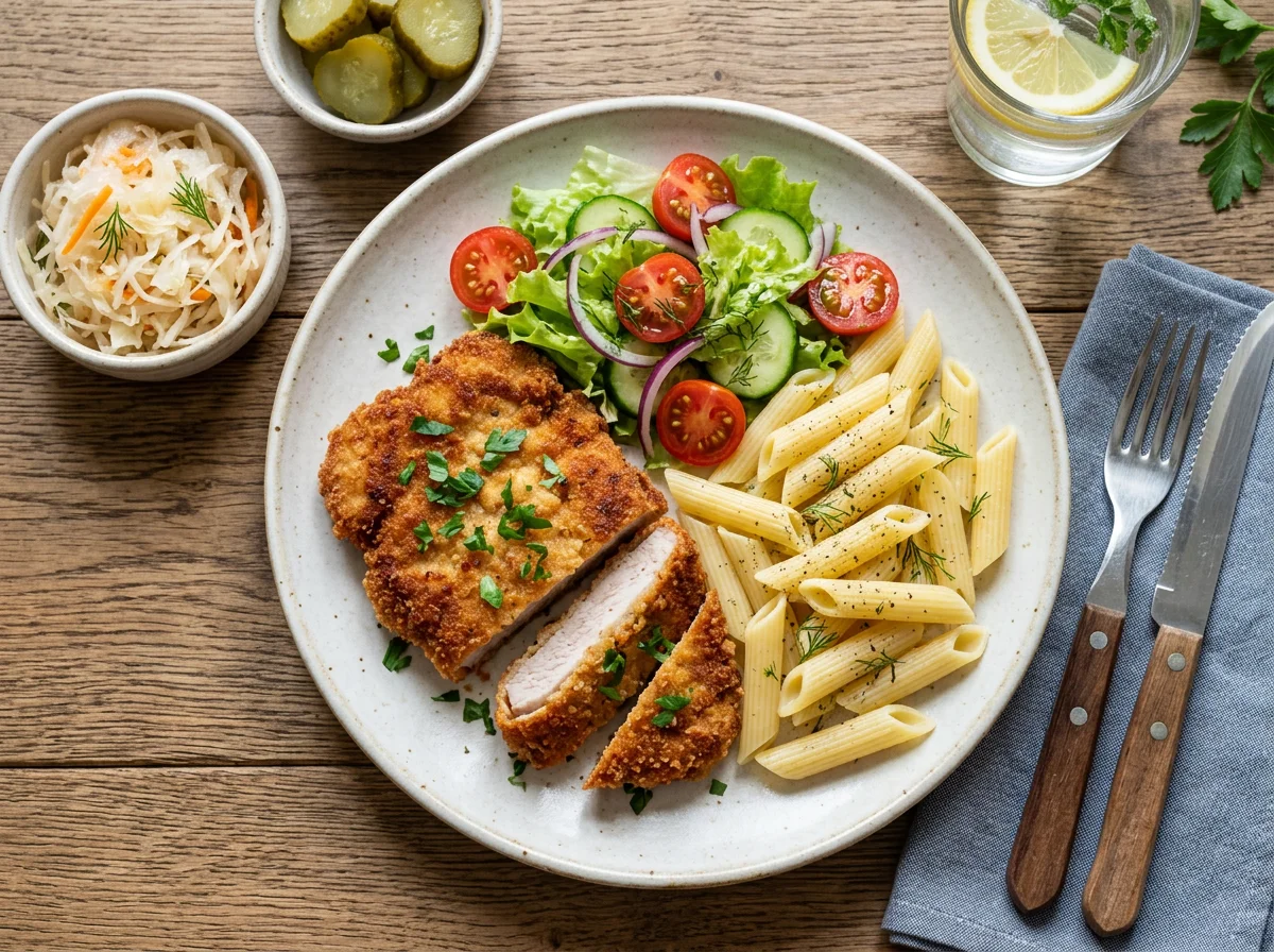 Свиная отбивная с макаронами и салатом photo