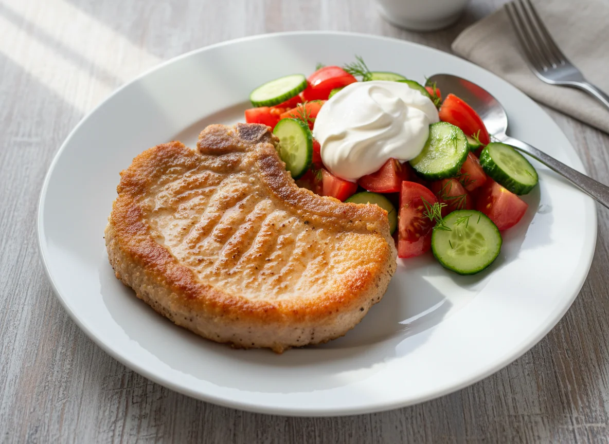 Свиная отбивная с овощным салатом photo