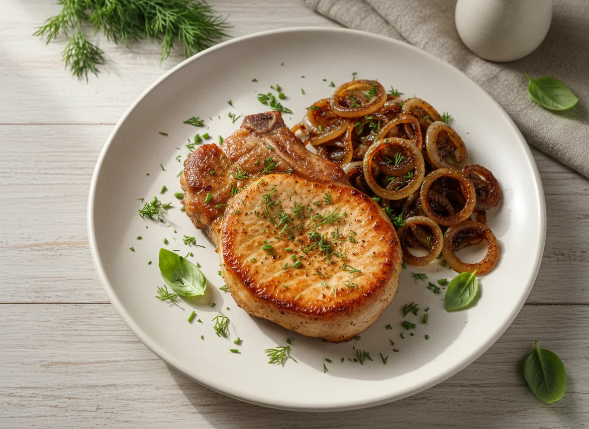 Свиная отбивная с зеленью и луком photo