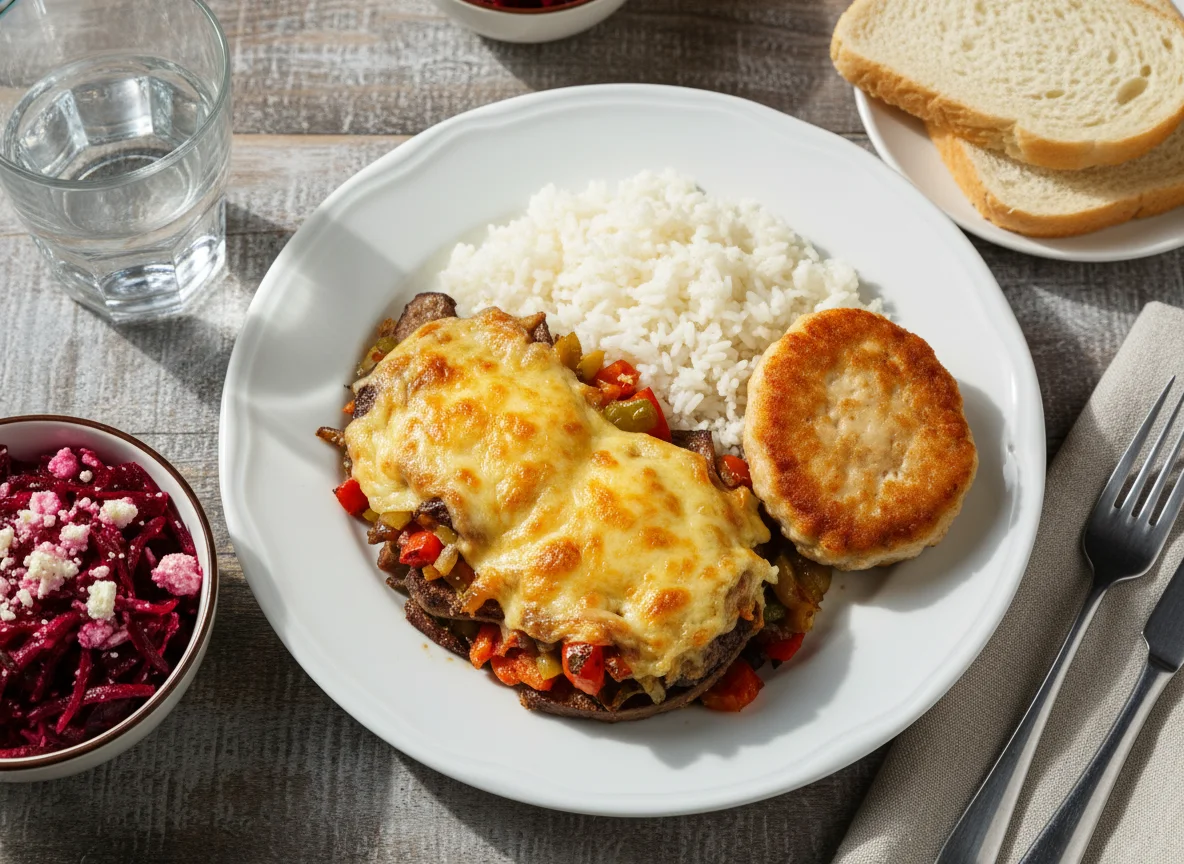 Свиная печень под сыром и овощами с гарниром photo