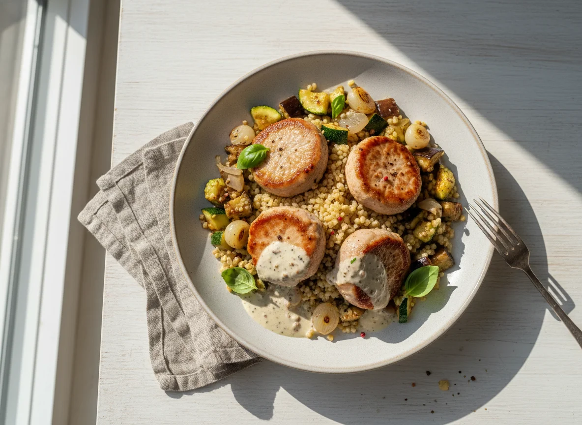 Свиные медальоны с булгуром и овощами photo