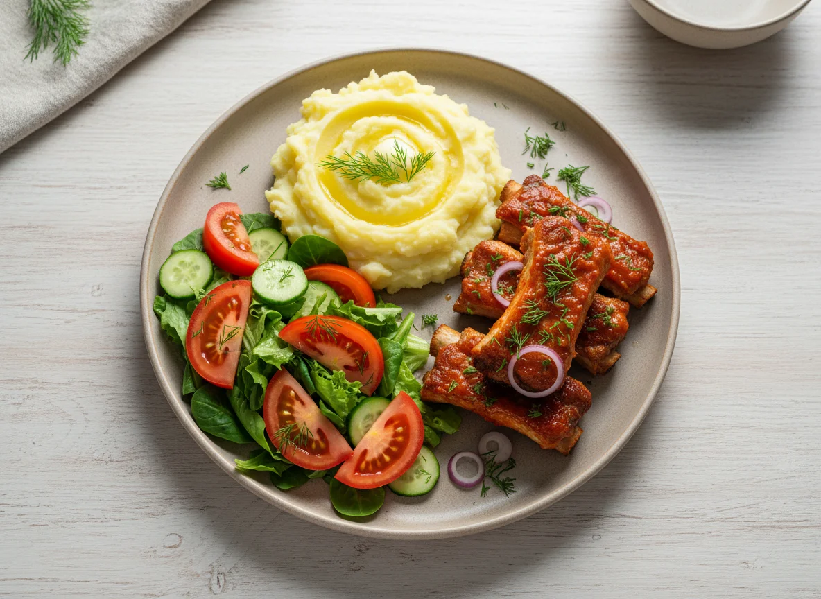 Свиные ребрышки с пюре и салатом photo