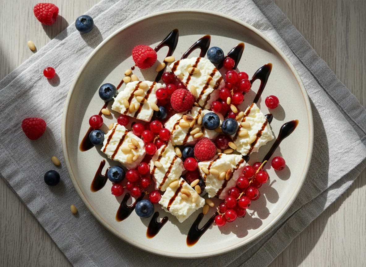 Сыр с ягодами, кедровыми орехами и бальзамическим соусом photo