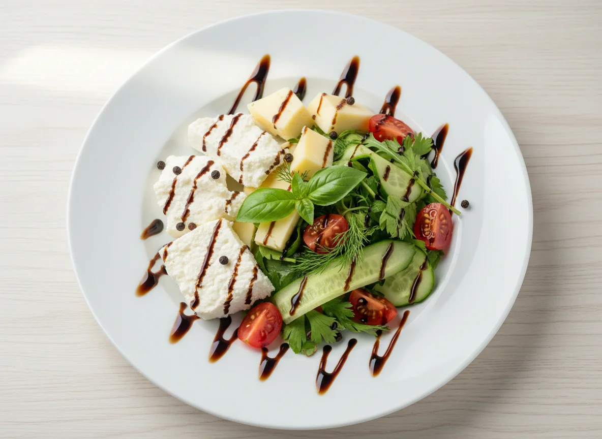 Сыр, творог и салат с бальзамическим соусом photo