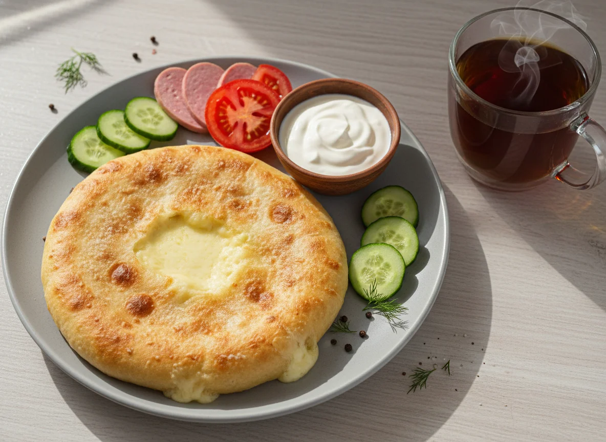 Сырная лепешка с начинкой и чай photo
