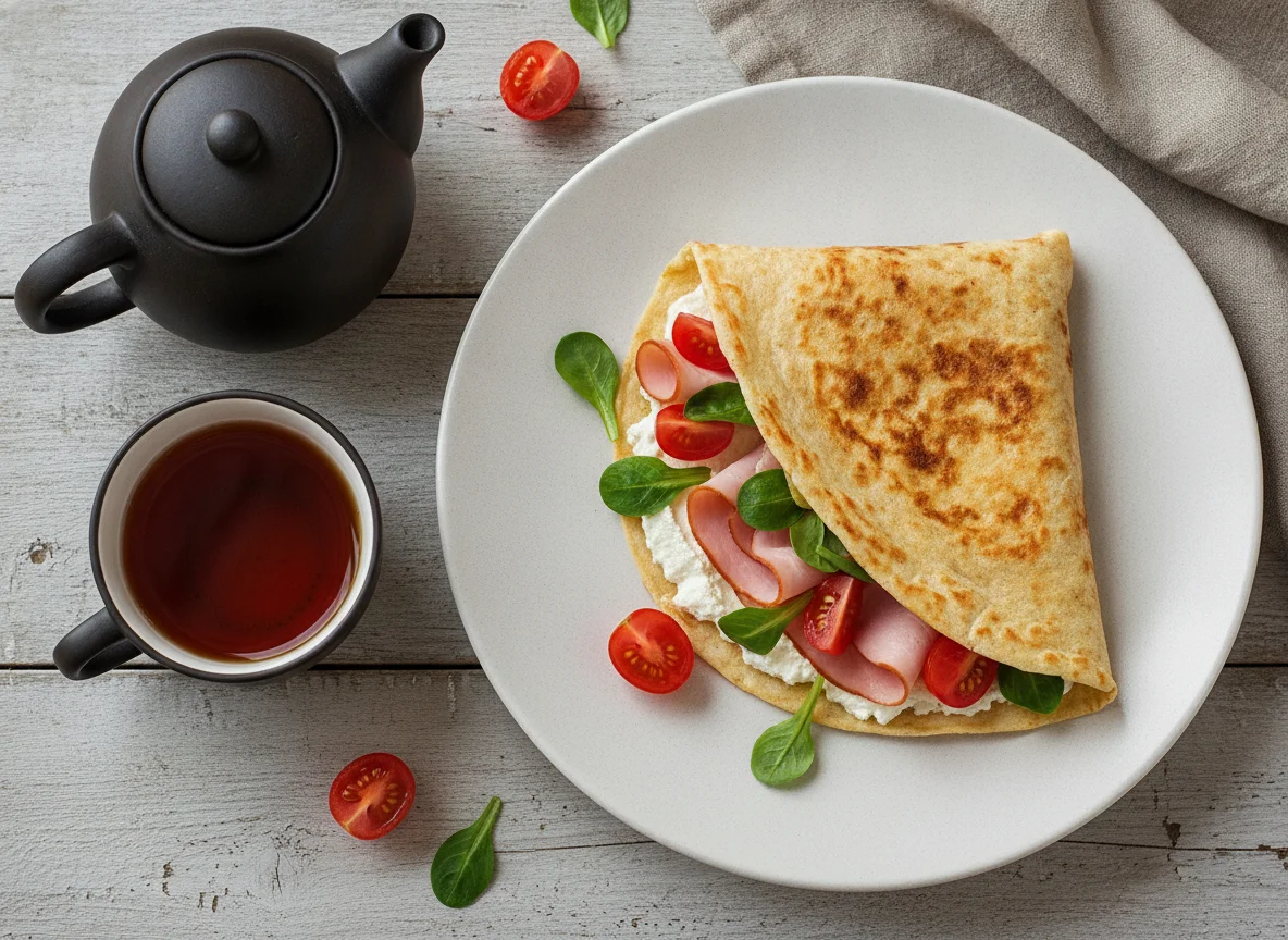 Сырная тортилья с ветчиной и овощами photo