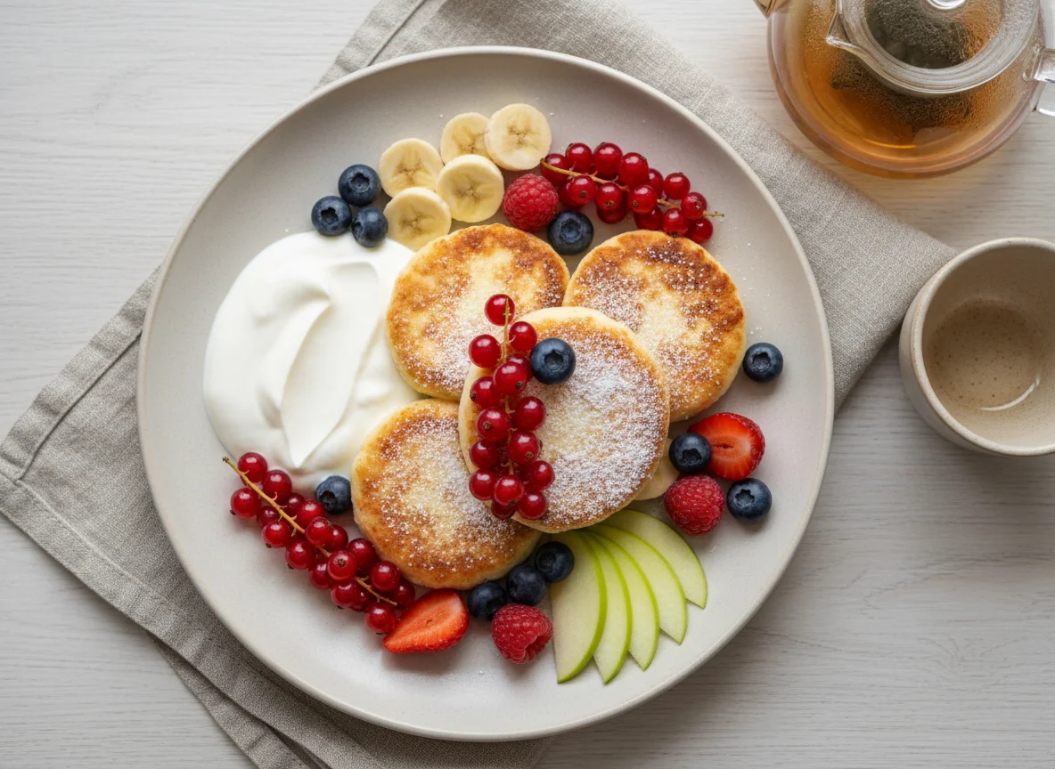 Сырники с ягодами и фруктами photo