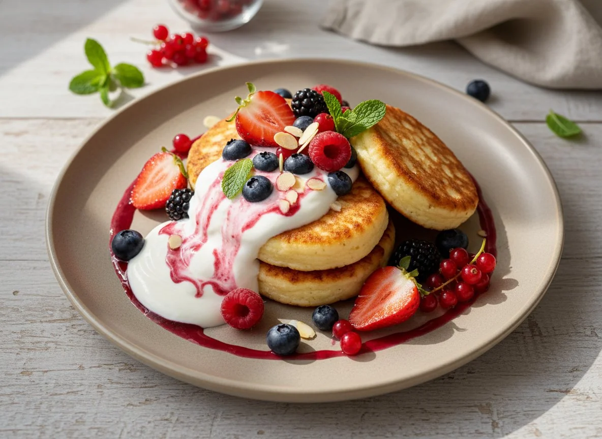 Сырники с ягодами и миндалем photo