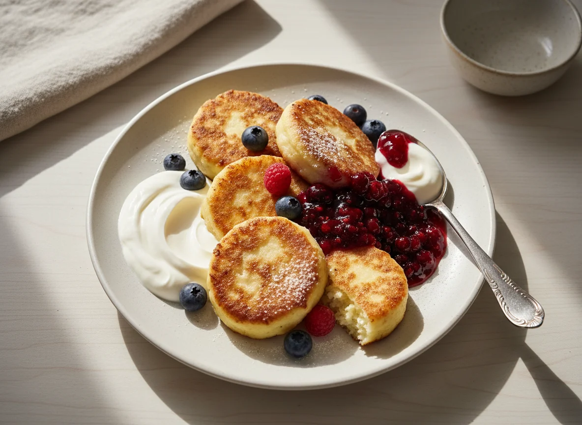 Сырники с ягодами и сметаной photo