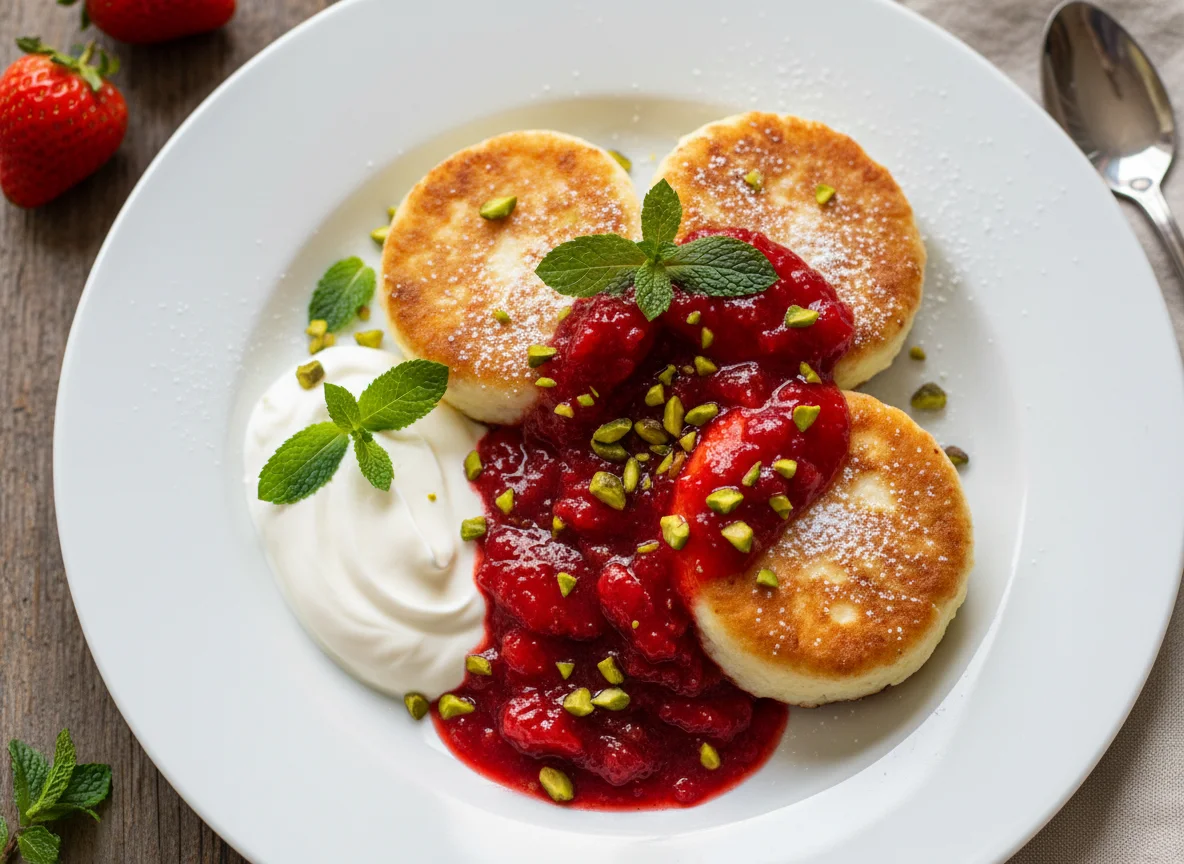 Сырники с ягодным соусом и сметаной photo