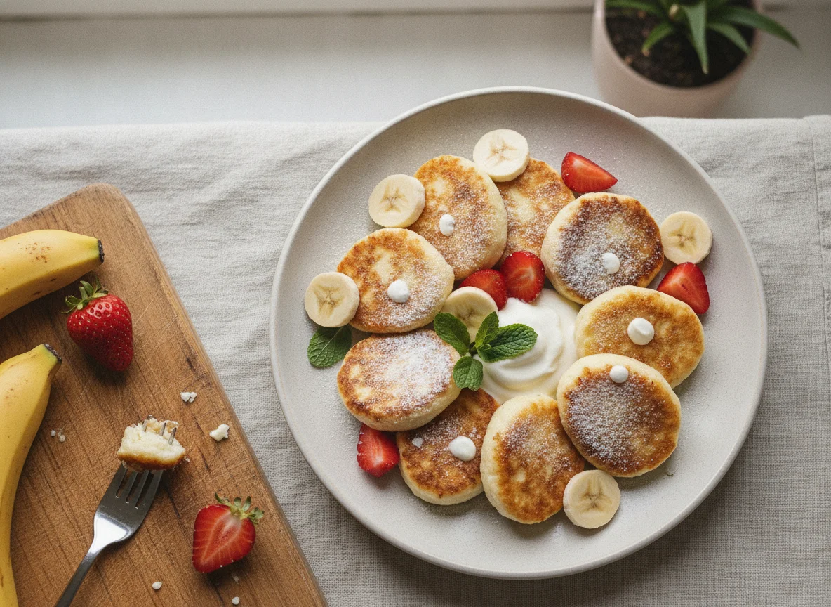 Сырники с бананом и клубникой photo