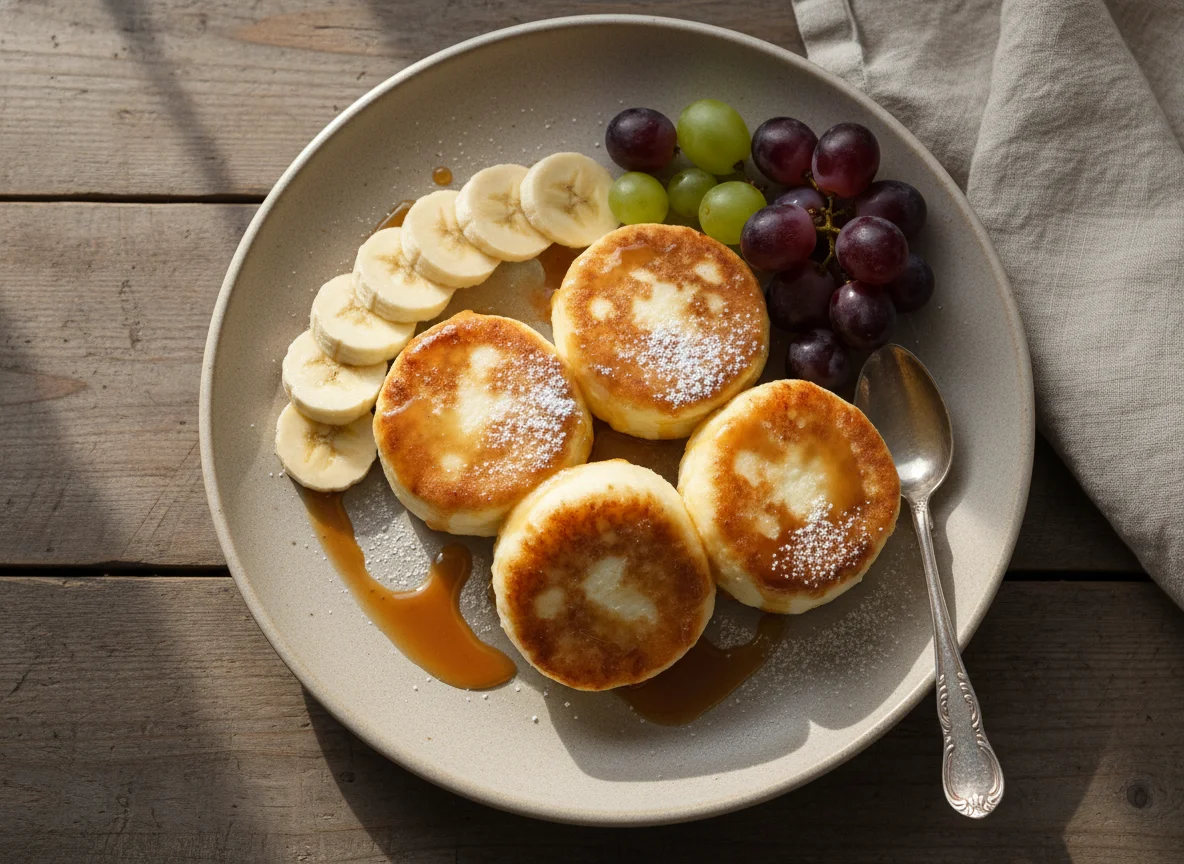 Сырники с бананом, виноградом и соусом photo