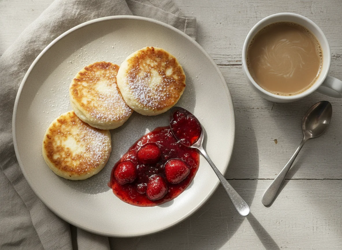 Сырники с джемом и кофе с молоком photo