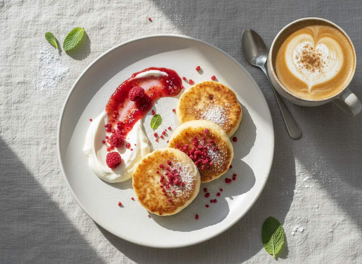 Сырники с джемом и сметаной, латте photo