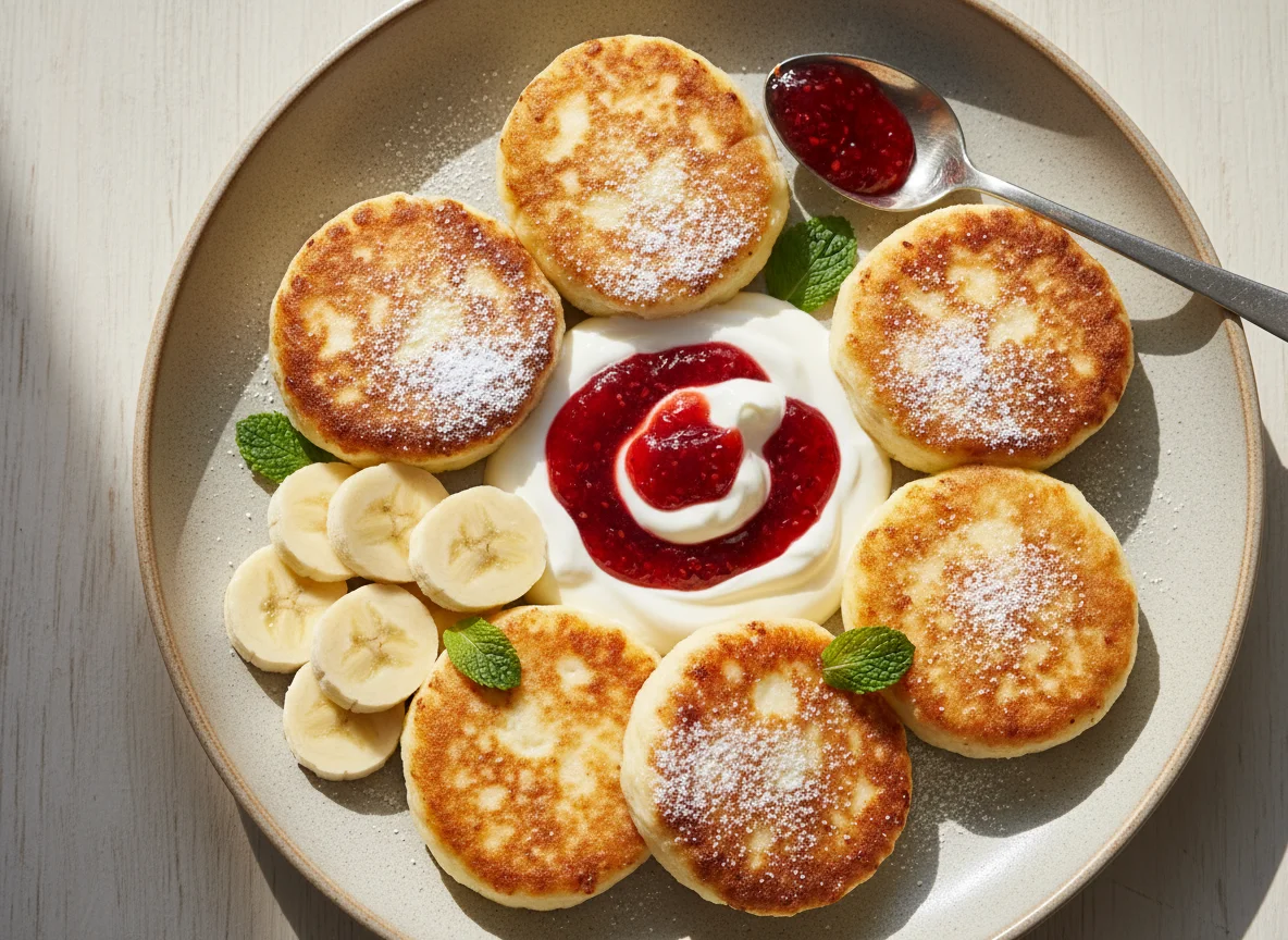 Сырники с джемом, сметаной и бананом photo