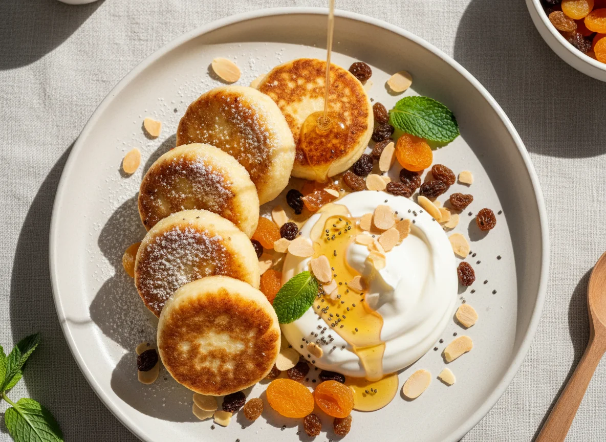 Сырники с фруктами и медом photo