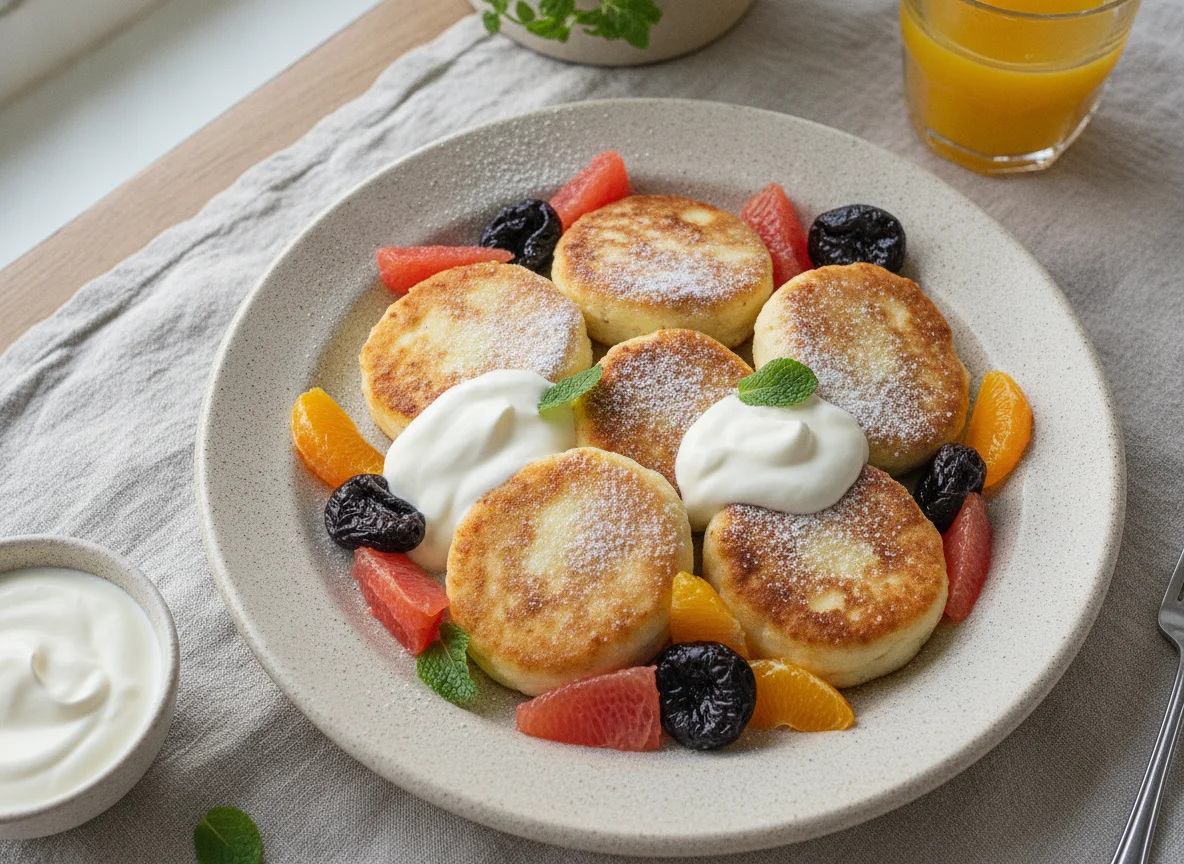 Сырники с фруктами и сметаной photo