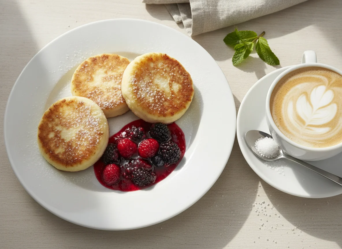 Сырники с вареньем и кофе с молоком photo
