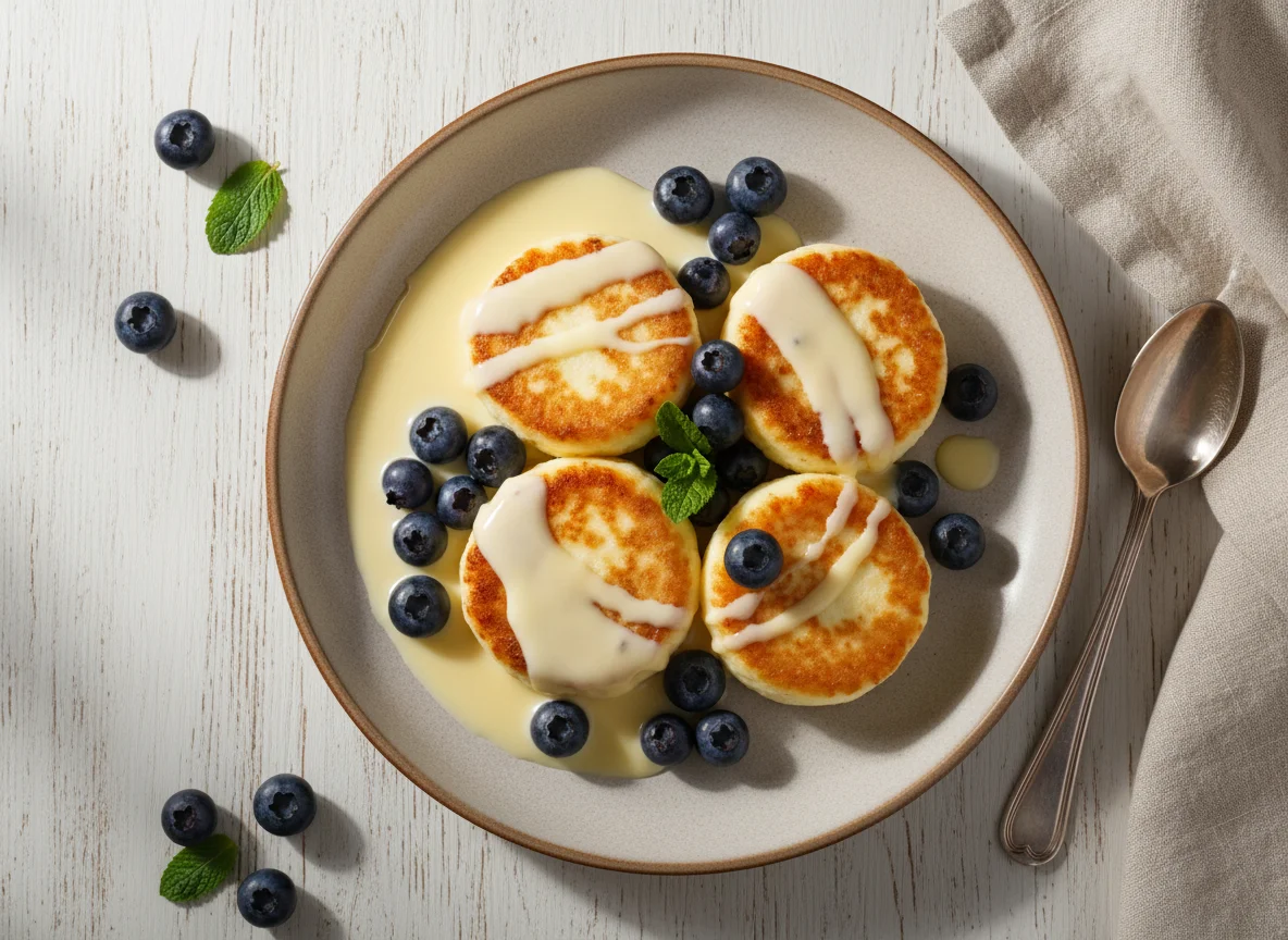 Сырники со сгущенкой и черникой photo