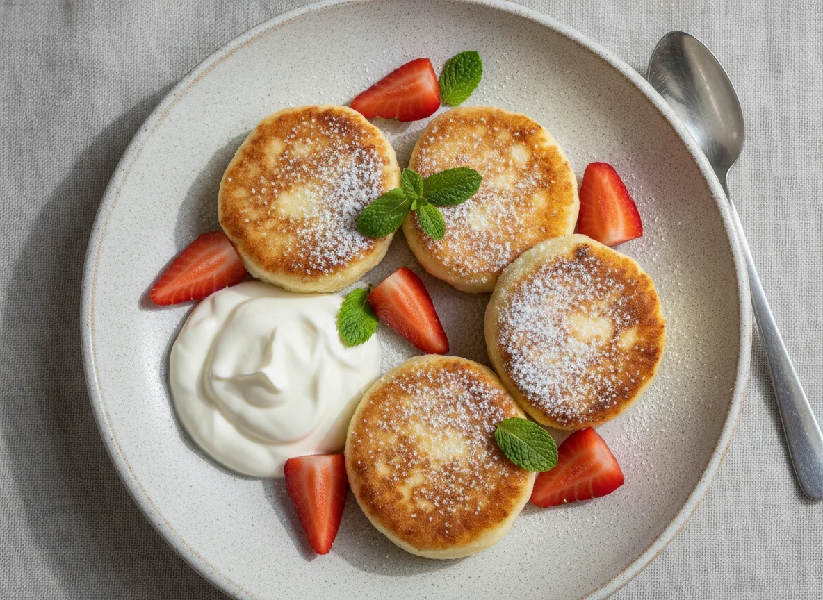 Сырники со сметаной и клубникой photo