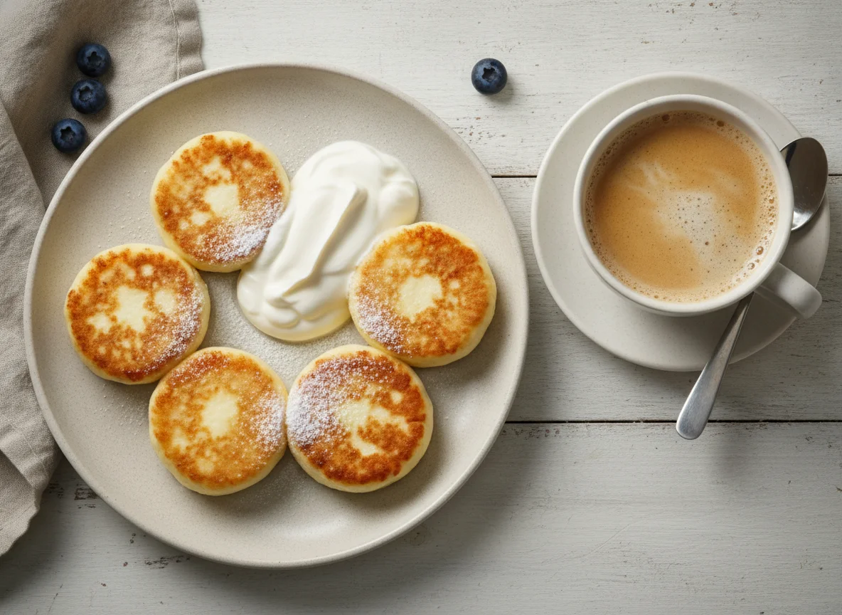 Сырники со сметаной и кофе с молоком photo