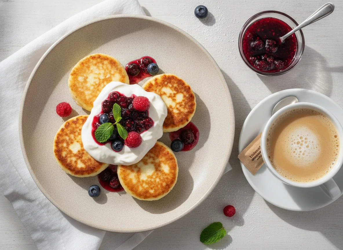 Сырники со сметаной, вареньем и кофе с молоком photo