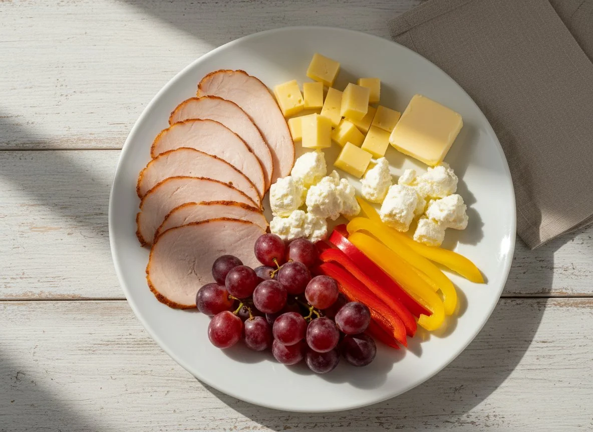 Сырно-мясная тарелка с виноградом и перцем photo