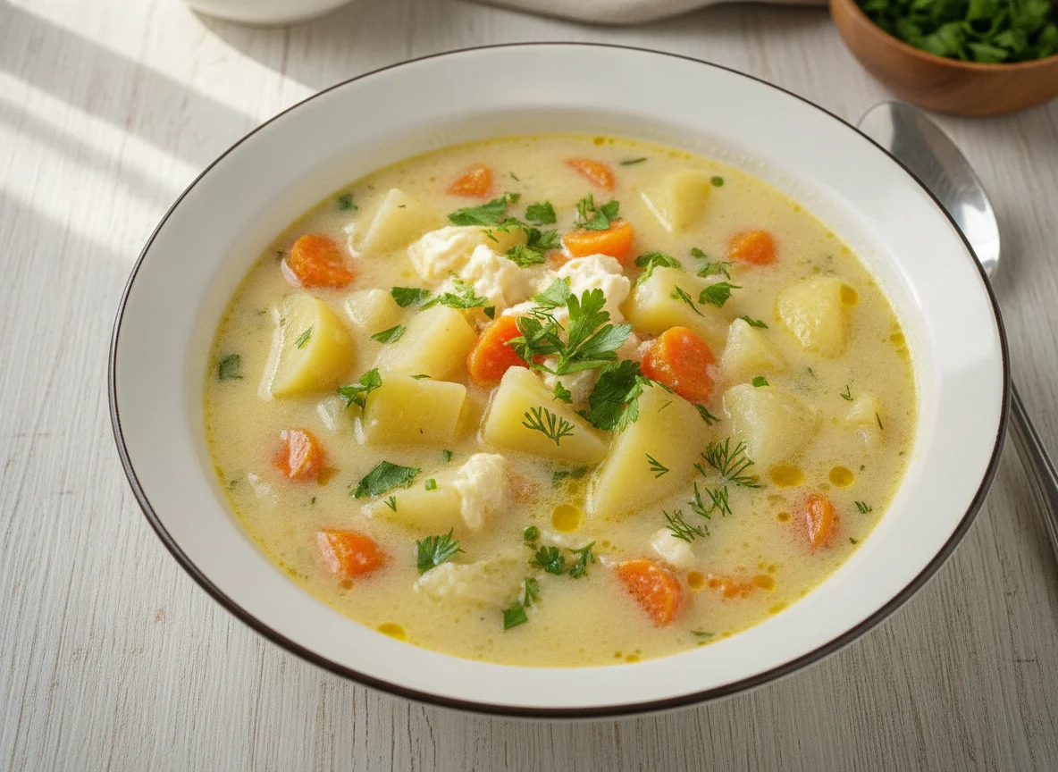 Сырный суп с картофелем и овощами photo