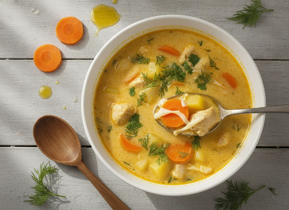 Сырный суп с курицей и овощами photo