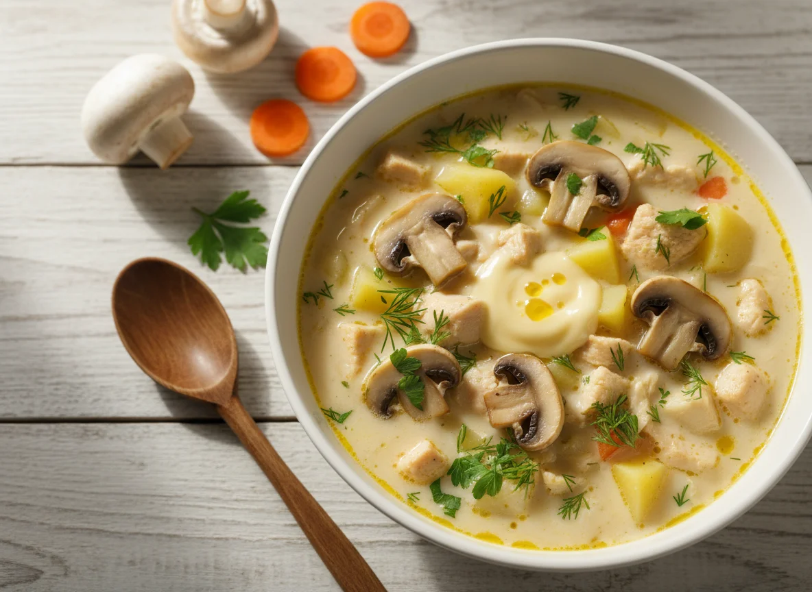 Сырный суп с курицей, шампиньонами и картофелем photo