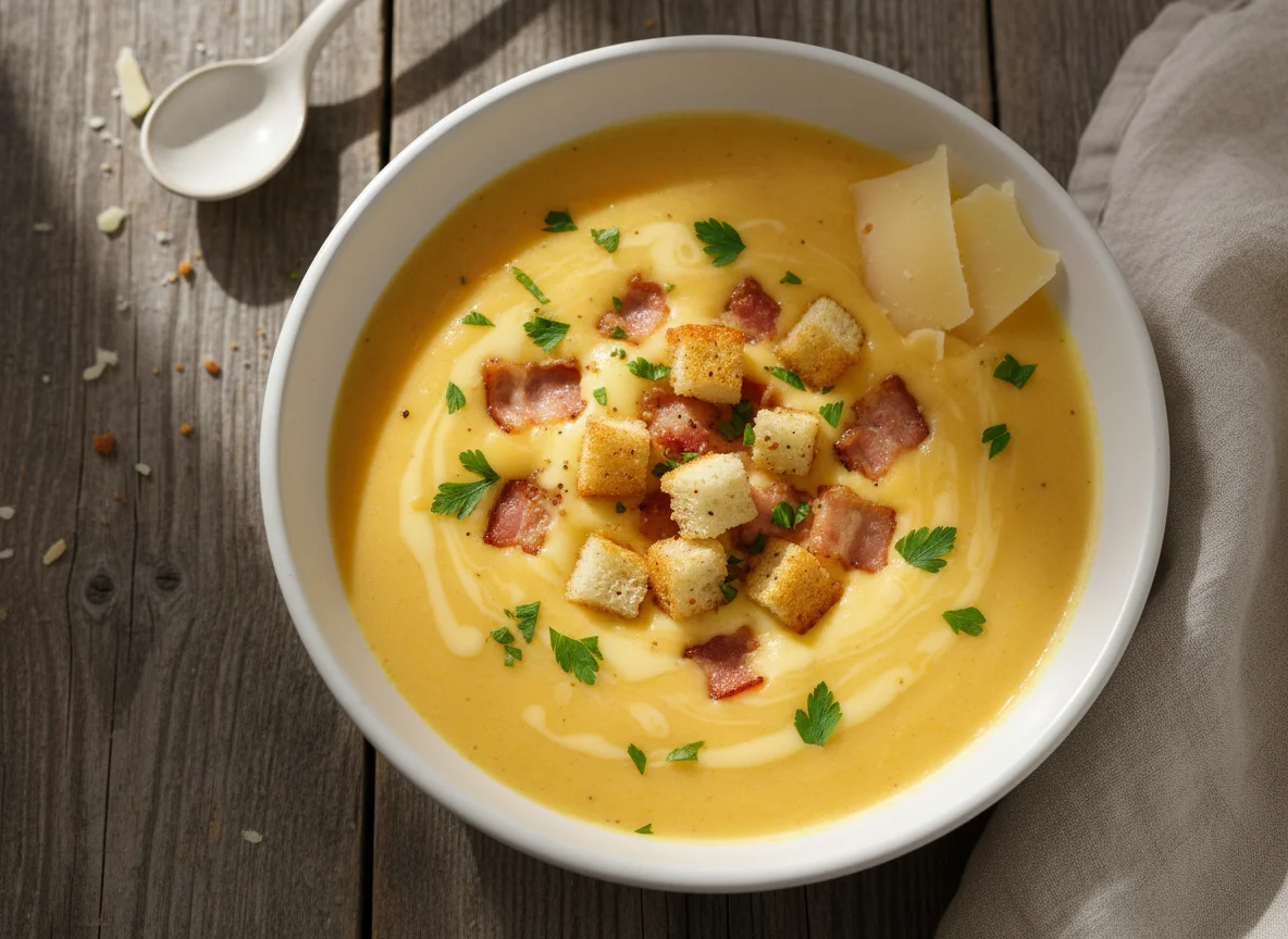 Сырный суп-пюре с беконом и сухариками photo