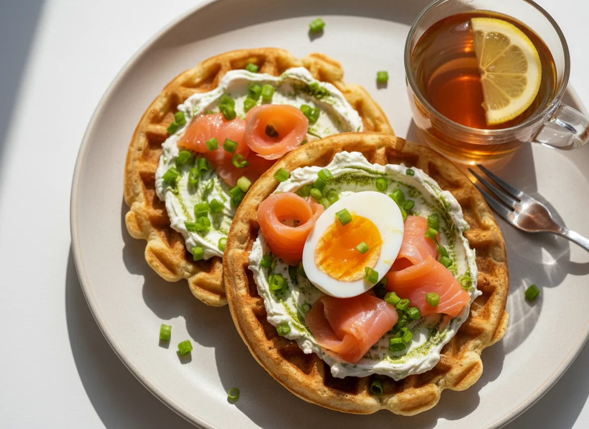 Сытные вафли с лососем и яйцом photo