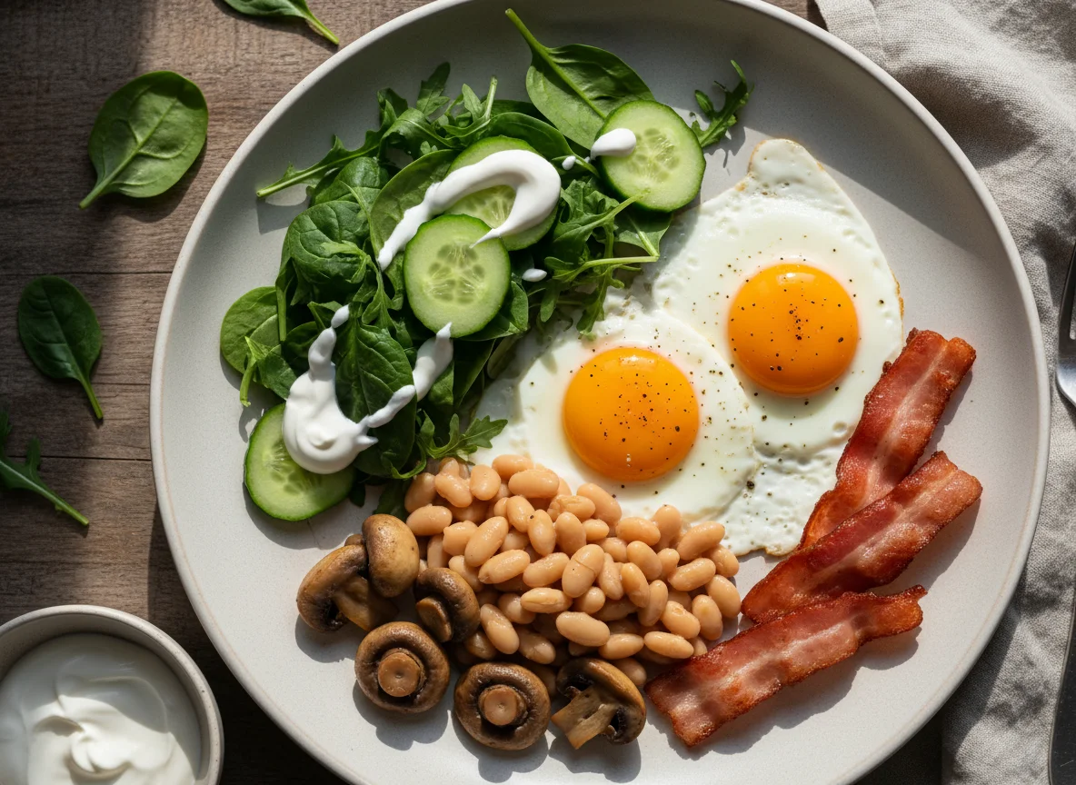 Сытный завтрак с яйцами, фасолью и салатом photo