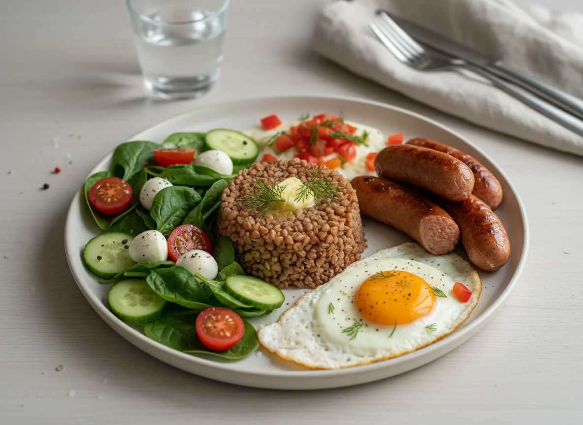 Сытный завтрак с гречкой и сосисками photo