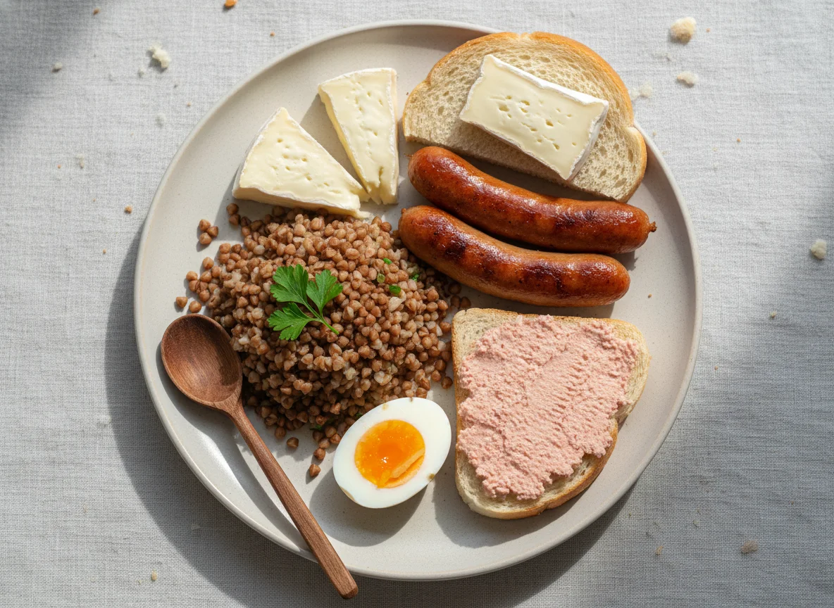 Сытный завтрак с гречкой и сосиской photo