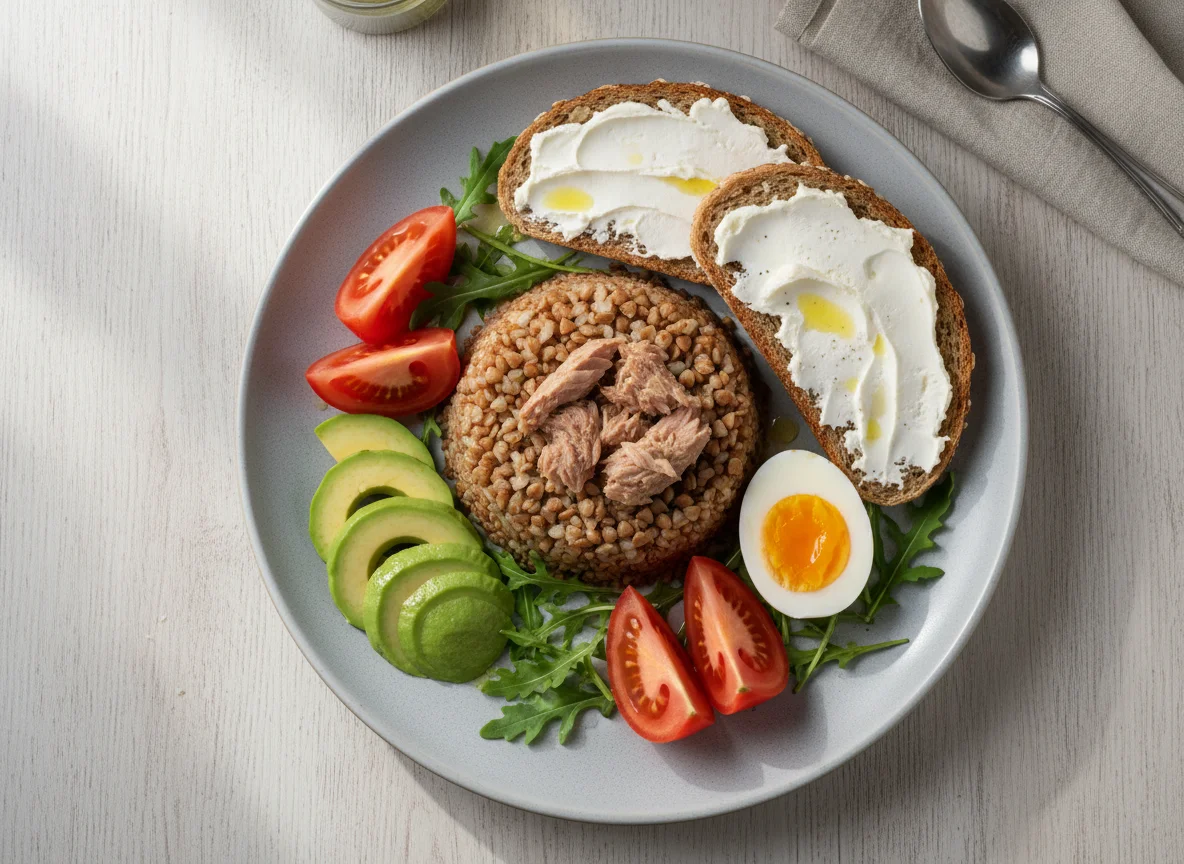 Сытный завтрак с гречкой, тунцом и авокадо photo