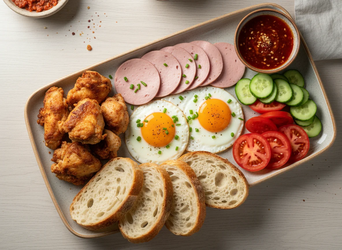 Сытный завтрак с хлебом и овощами photo